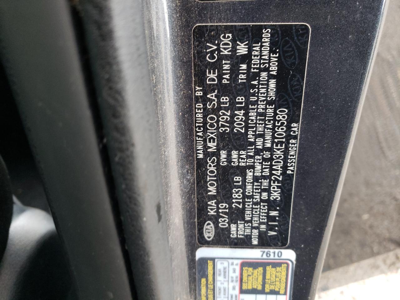 3KPF24AD3KE106580 2019 Kia Forte Fe