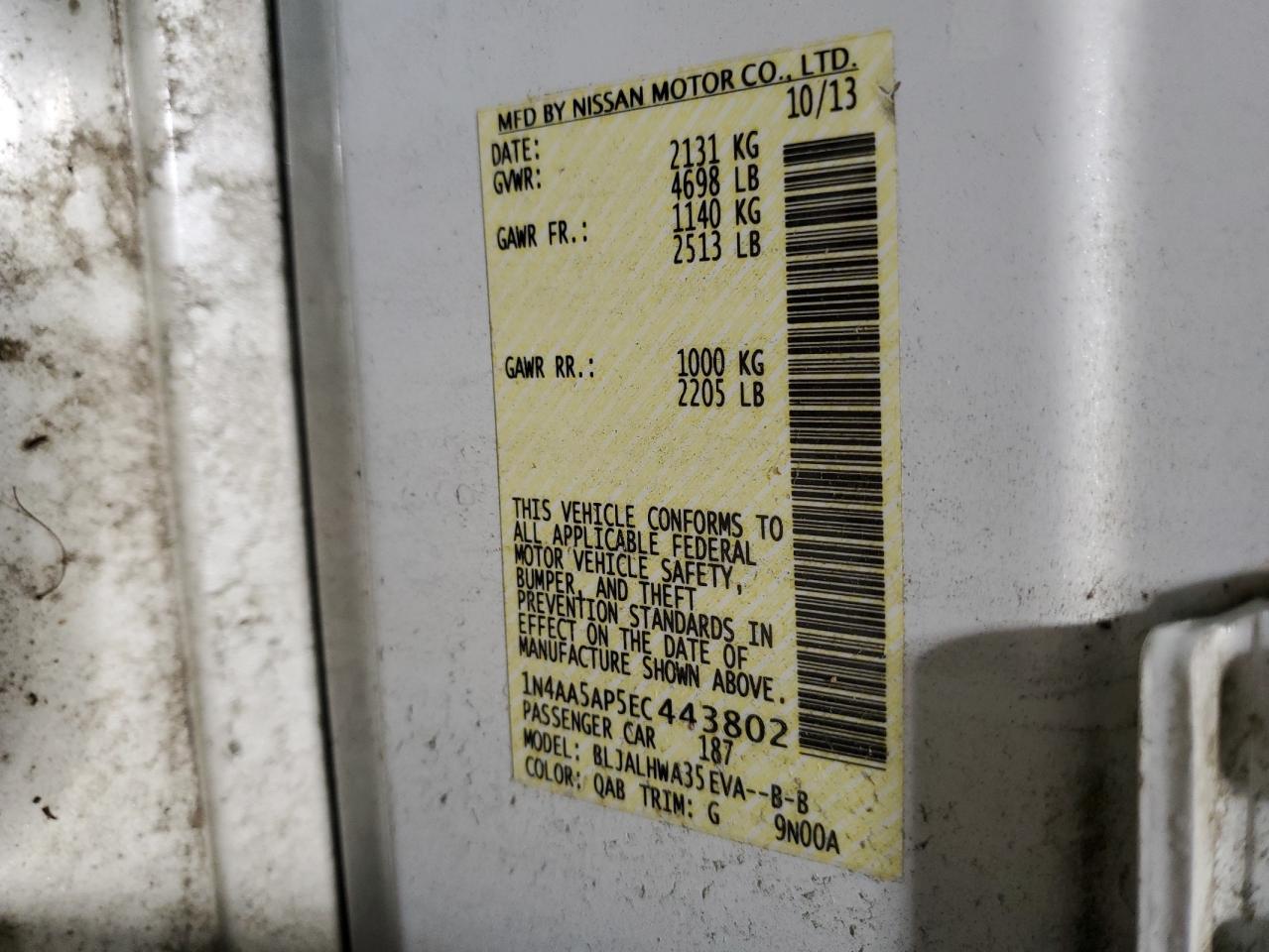 1N4AA5AP5EC443802 2014 Nissan Maxima S