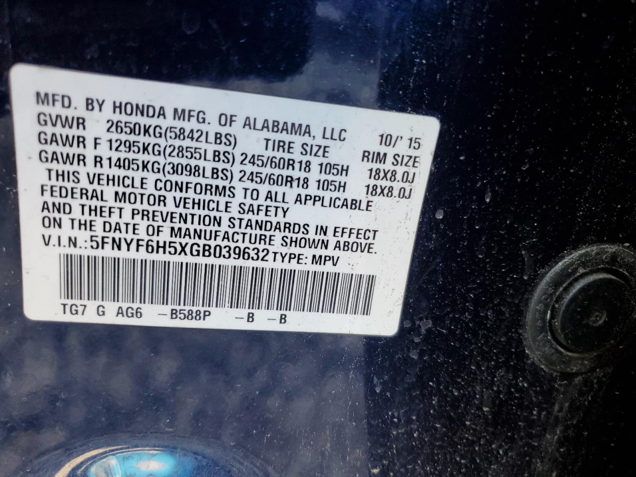 5FNYF6H5XGB039632 2016 Honda Pilot Exl