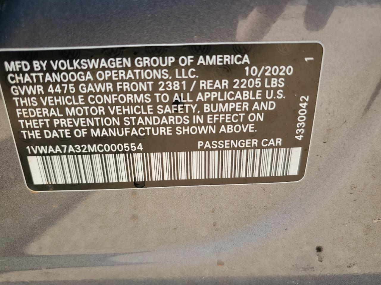 1VWAA7A32MC000554 2021 Volkswagen Passat S