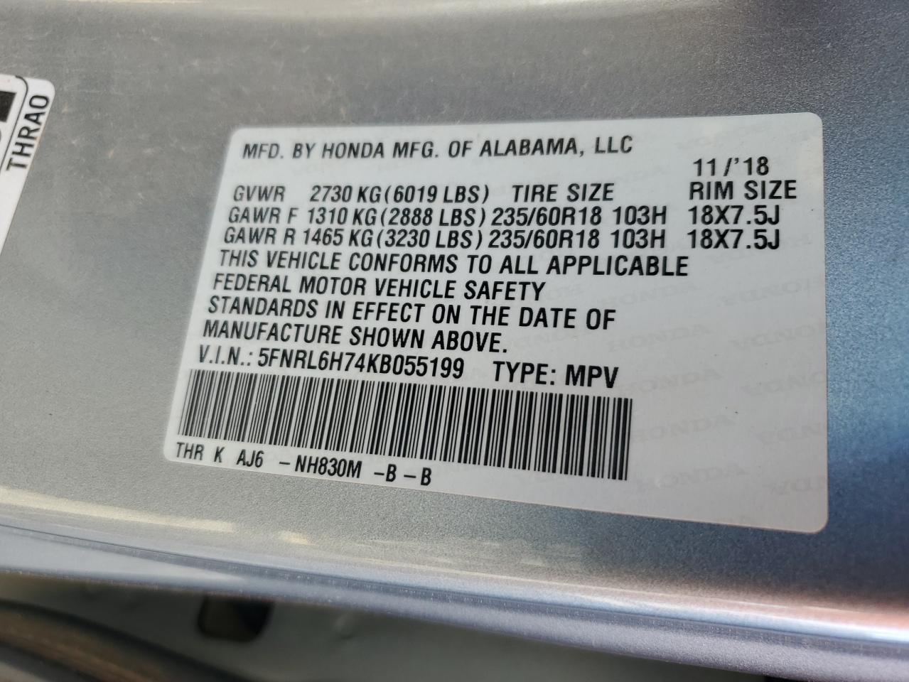 5FNRL6H74KB055199 2019 Honda Odyssey Exl