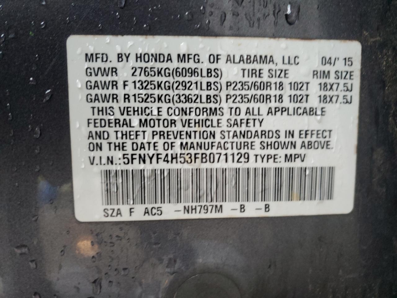 5FNYF4H53FB071129 2015 Honda Pilot Exl