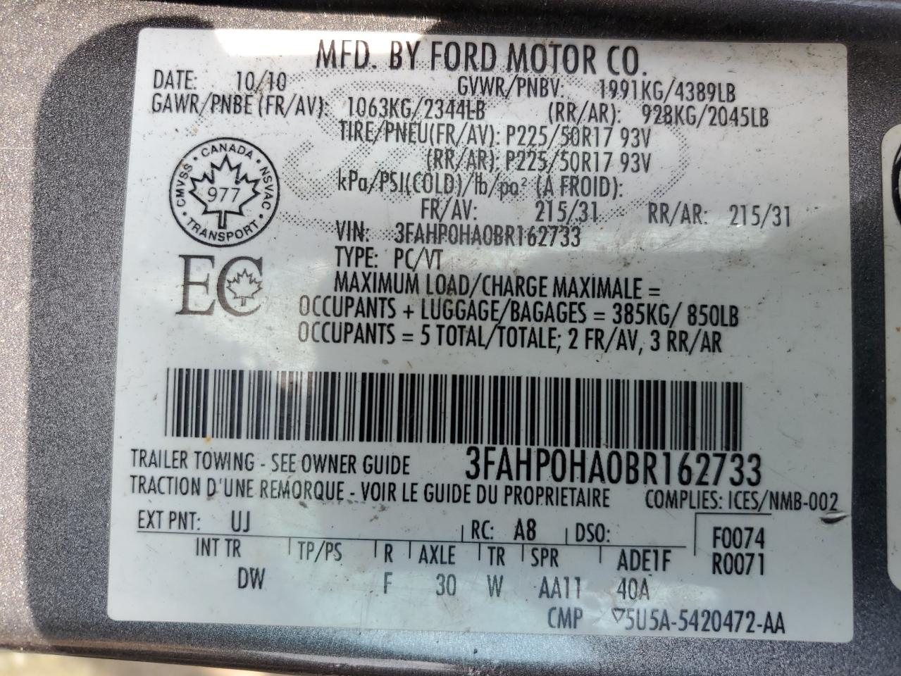 3FAHP0HA0BR162733 2011 Ford Fusion Se