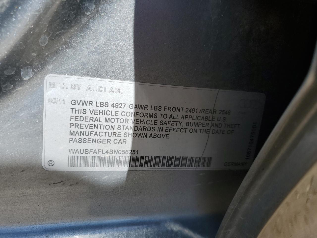 WAUBFAFL4BN056251 2011 Audi A4 Premium