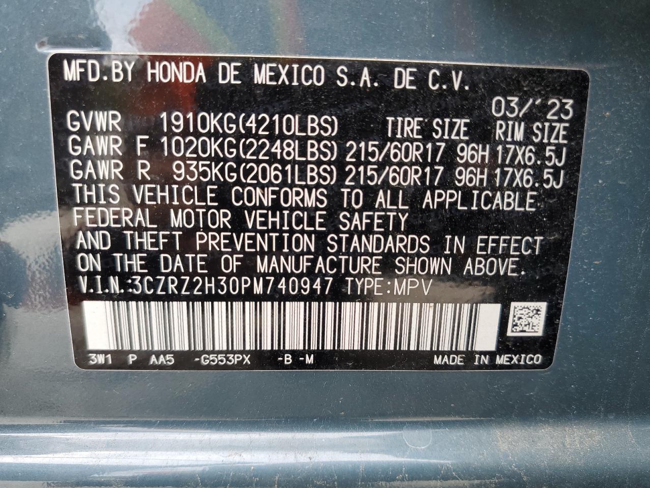 3CZRZ2H30PM740947 2023 Honda Hr-V Lx