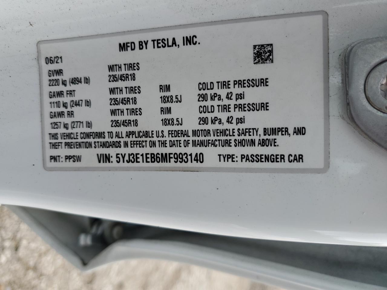 5YJ3E1EB6MF993140 2021 Tesla Model 3