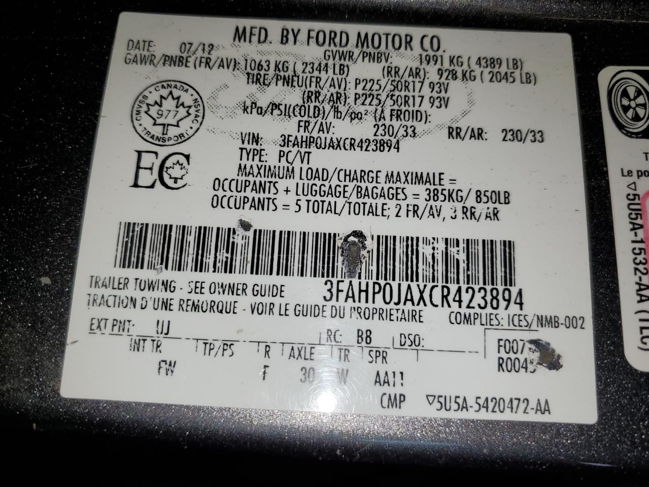 3FAHP0JAXCR423894 2012 Ford Fusion Sel