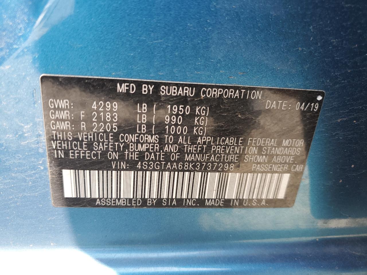 4S3GTAA68K3737298 2019 Subaru Impreza