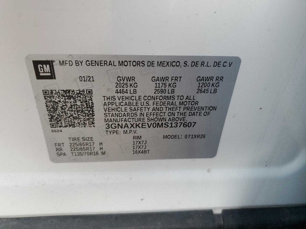 3GNAXKEV0MS137607 2021 Chevrolet Equinox Lt