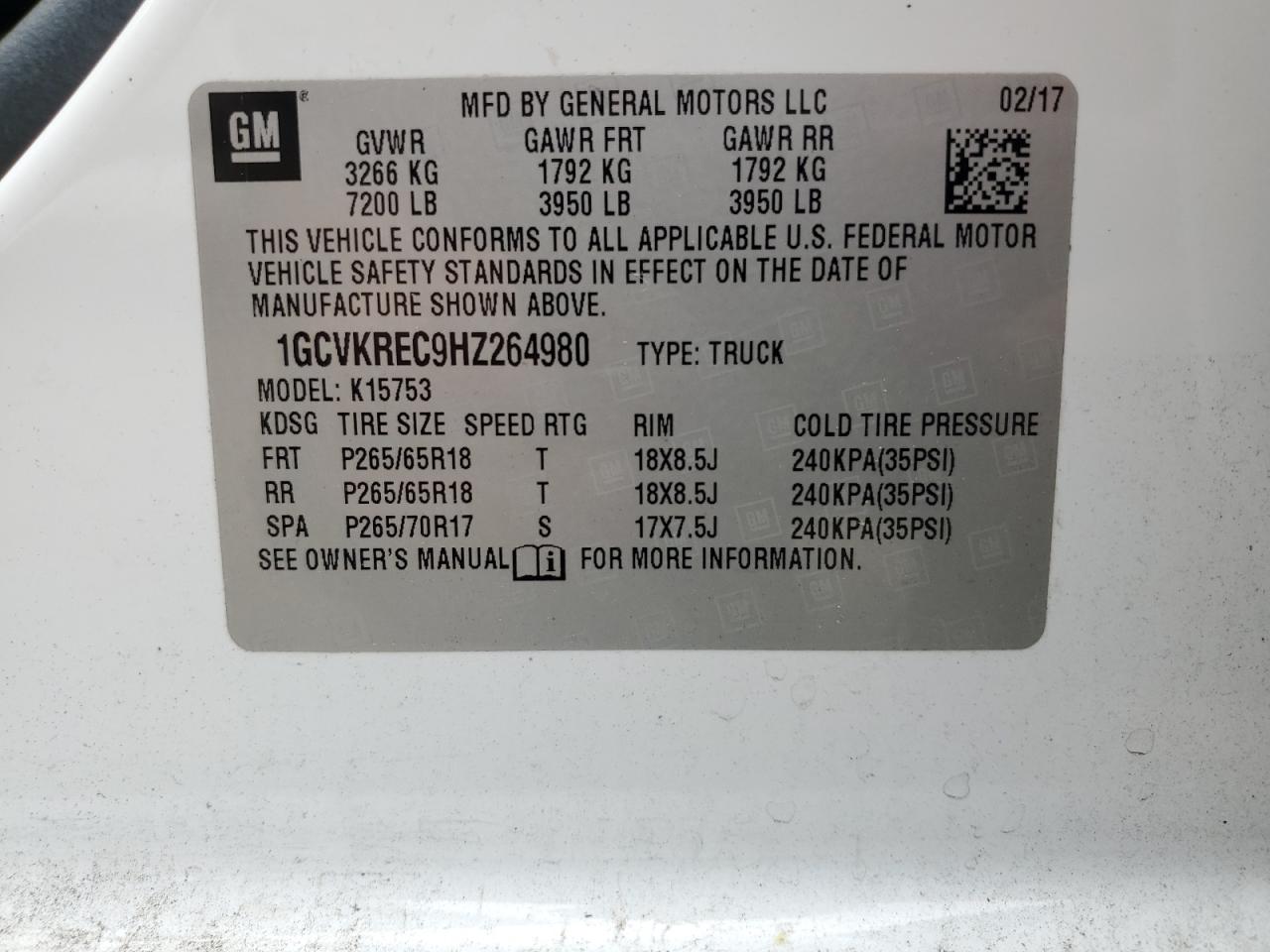 1GCVKREC9HZ264980 2017 Chevrolet Silverado K1500 Lt