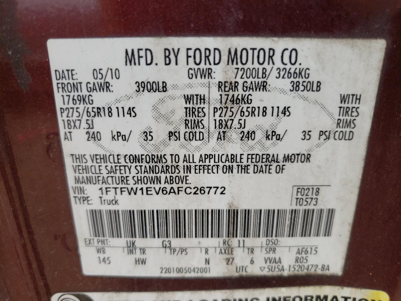 1FTFW1EV6AFC26772 2010 Ford F150 Supercrew