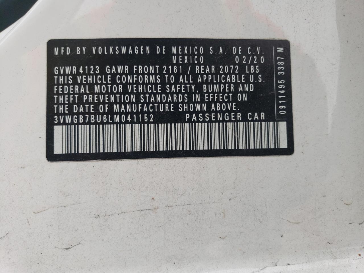 3VWGB7BU6LM041152 2020 Volkswagen Jetta Sel Premium