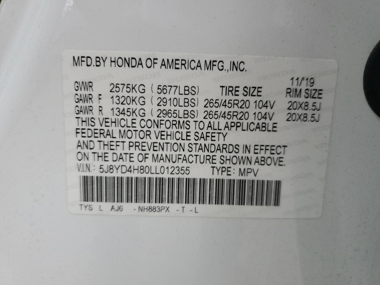 5J8YD4H80LL012355 2020 Acura Mdx Advance