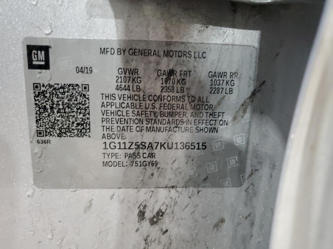 1G11Z5SA7KU136515 2019 Chevrolet Impala Lt