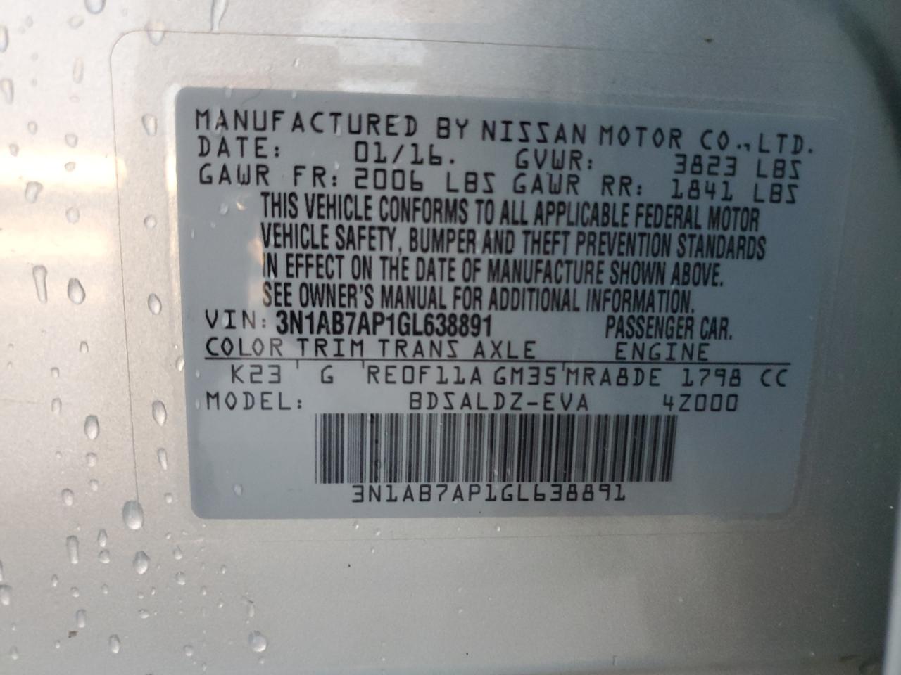 3N1AB7AP1GL638891 2016 Nissan Sentra S