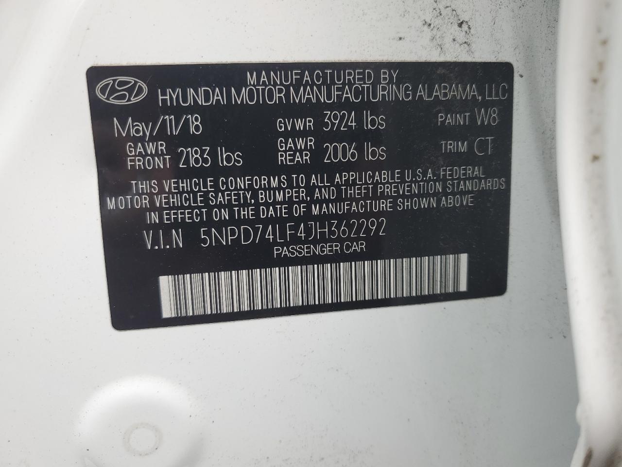 5NPD74LF4JH362292 2018 Hyundai Elantra Se