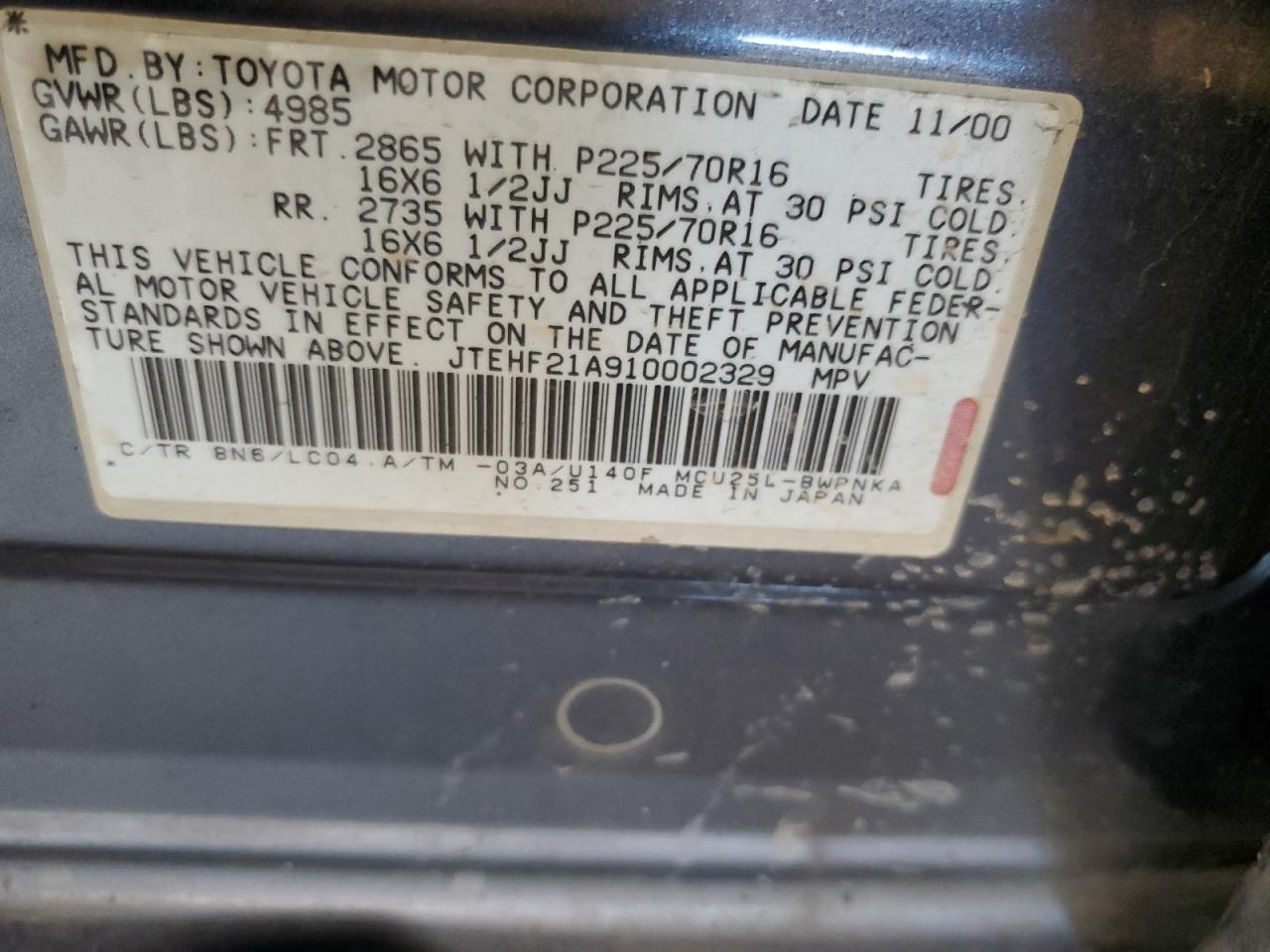 JTEHF21A910002329 2001 Toyota Highlander