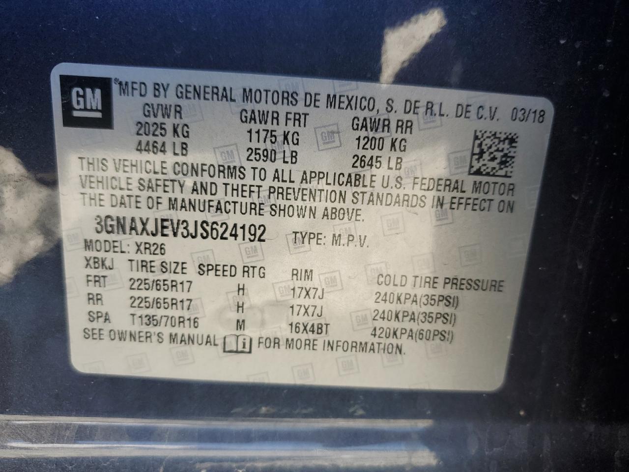 3GNAXJEV3JS624192 2018 Chevrolet Equinox Lt