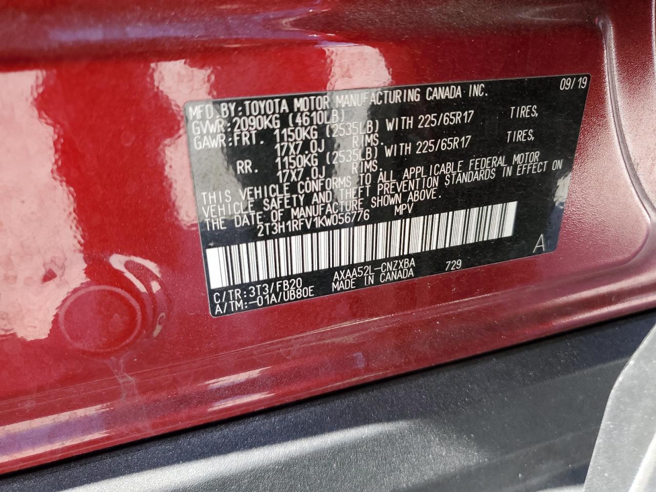 2T3H1RFV1KW056776 2019 Toyota Rav4 Le