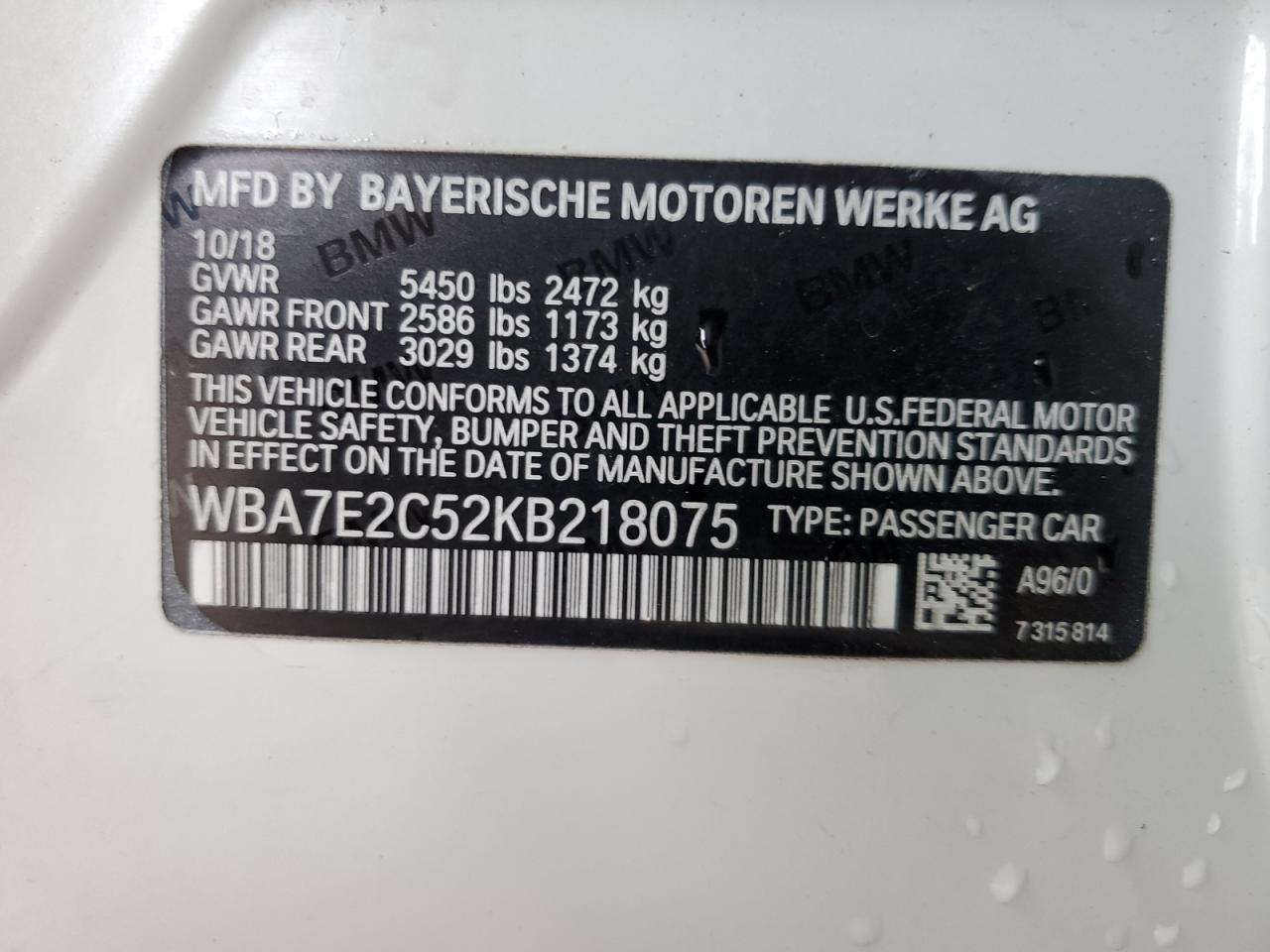 WBA7E2C52KB218075 2019 BMW 740 I