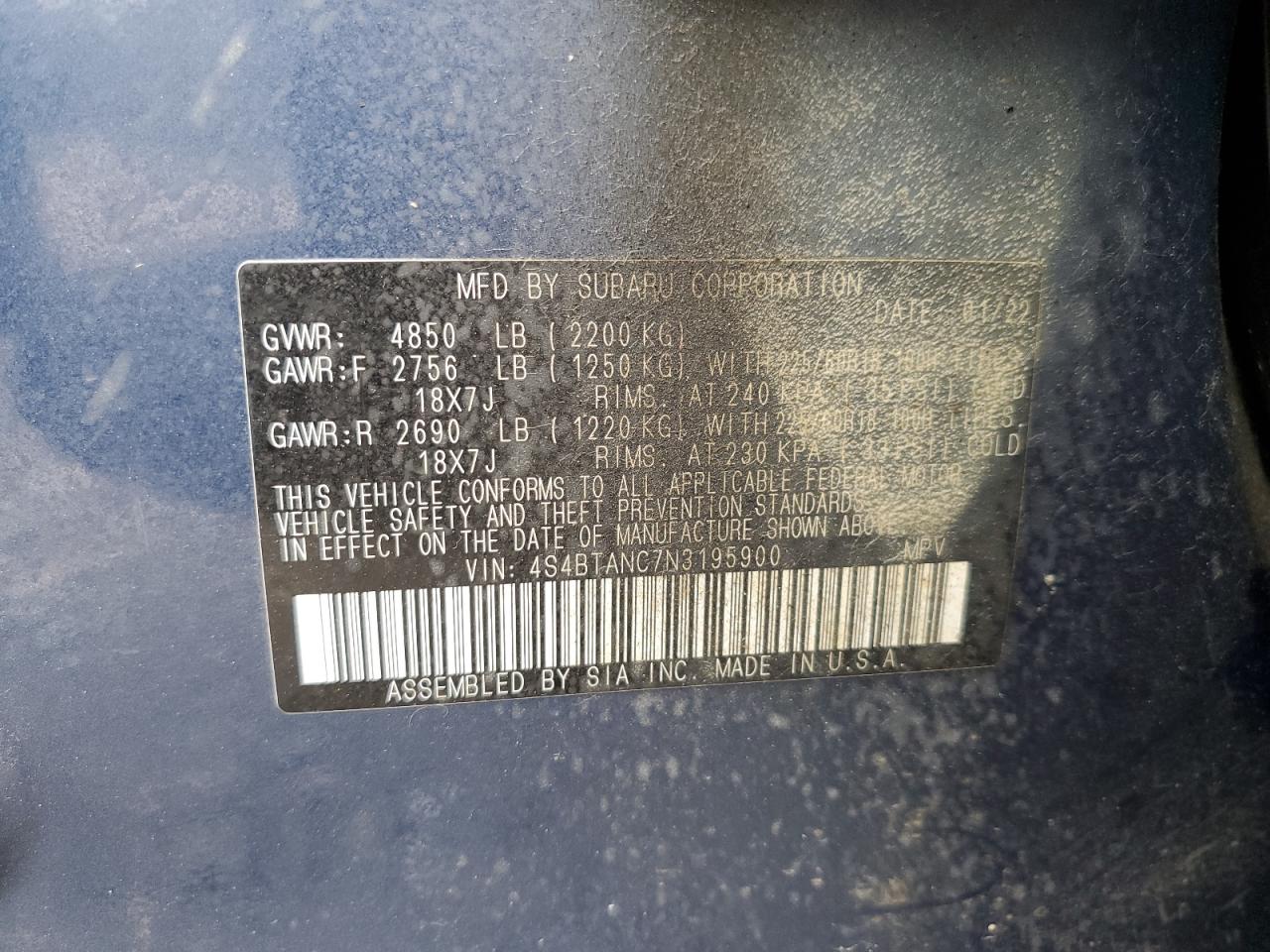 4S4BTANC7N3195900 2022 Subaru Outback Limited