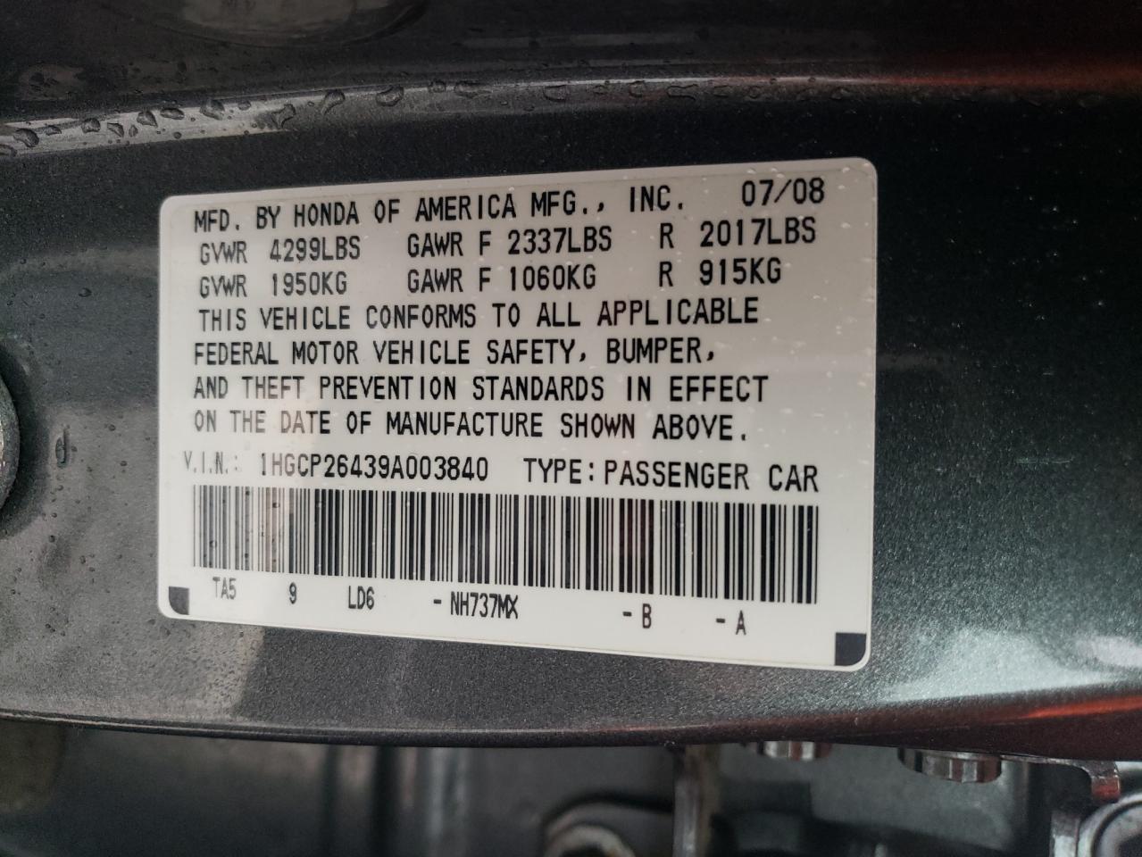 1HGCP26439A003840 2009 Honda Accord Lxp