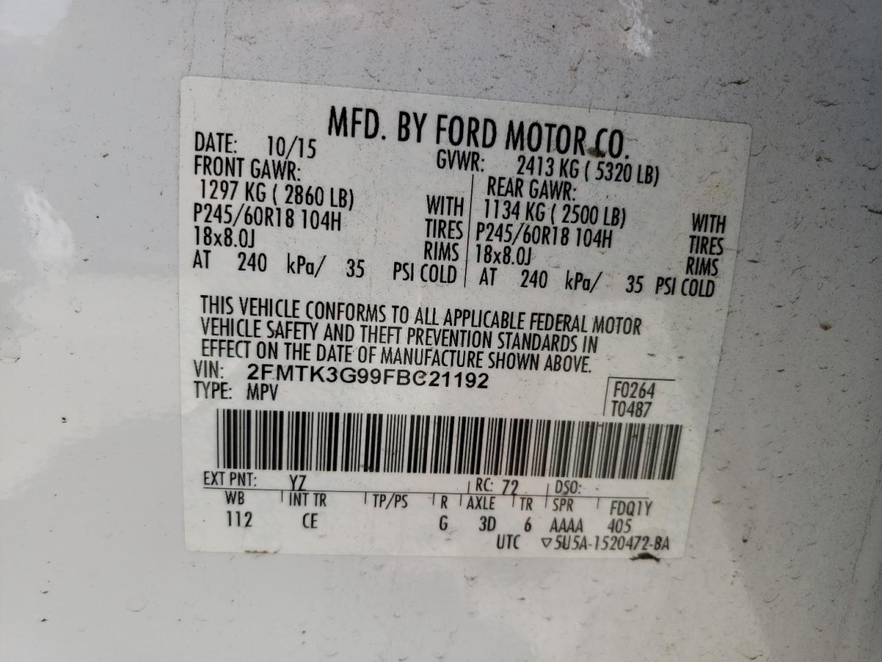 2FMTK3G99FBC21192 2015 Ford Edge Se