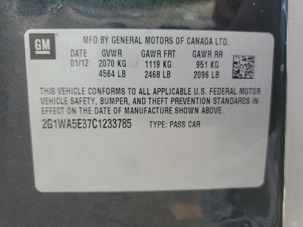 2G1WA5E37C1233785 2012 Chevrolet Impala Ls