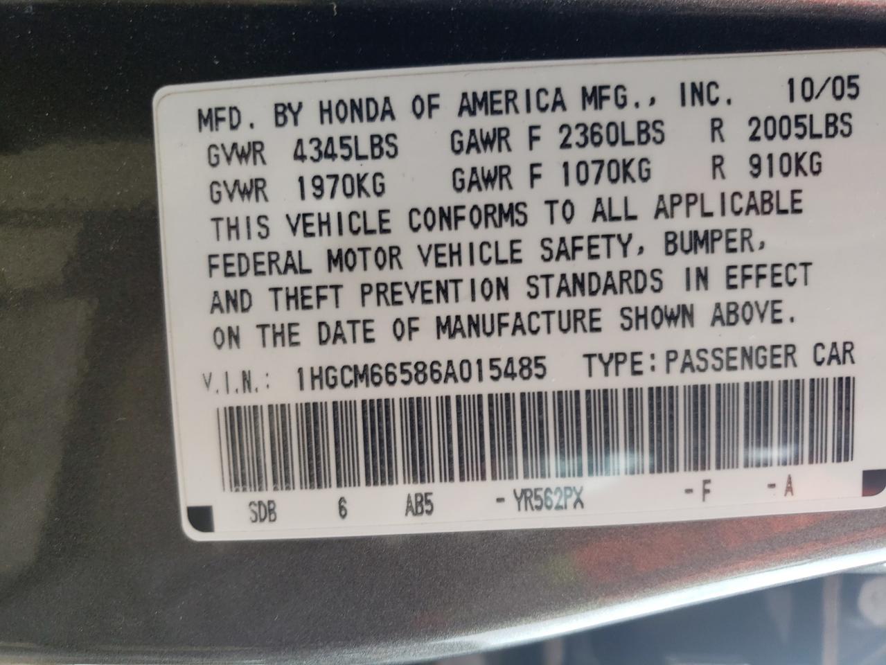 1HGCM66586A015485 2006 Honda Accord Ex