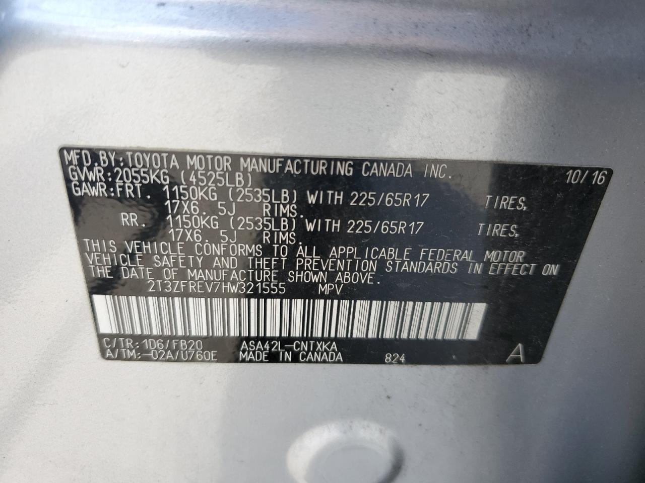 2T3ZFREV7HW321555 2017 Toyota Rav4 Le