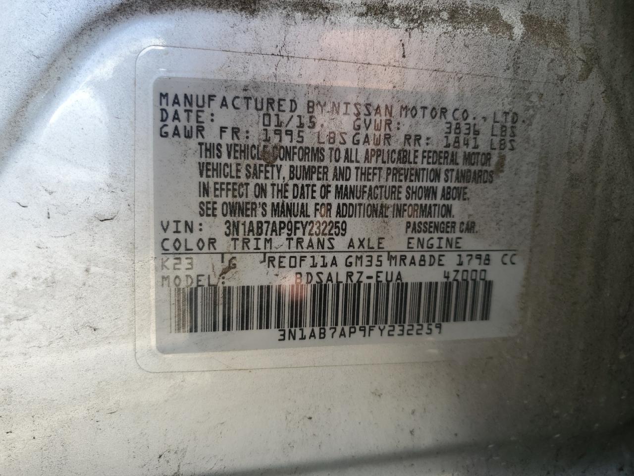 3N1AB7AP9FY232259 2015 Nissan Sentra S