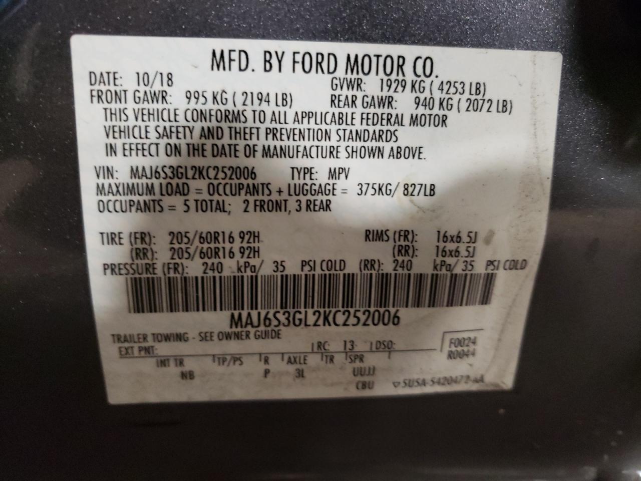 MAJ6S3GL2KC252006 2019 Ford Ecosport Se