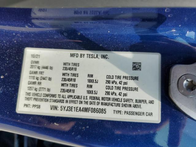 2021 Tesla Model 3 VIN: 5YJ3E1EA4MF086085 Lot: 54979994