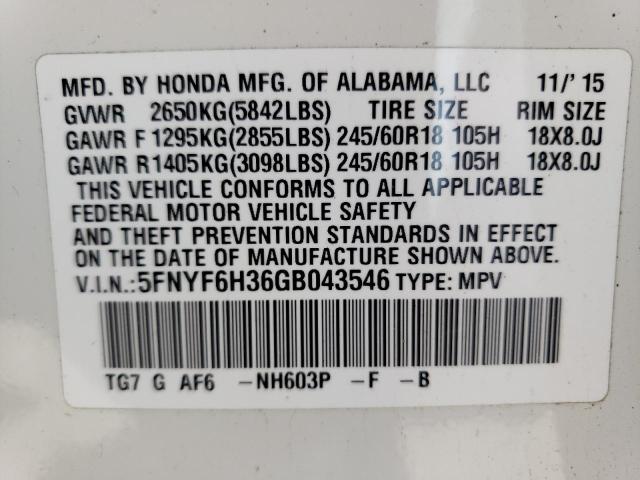 2016 Honda Pilot Ex VIN: 5FNYF6H36GB043546 Lot: 54844844