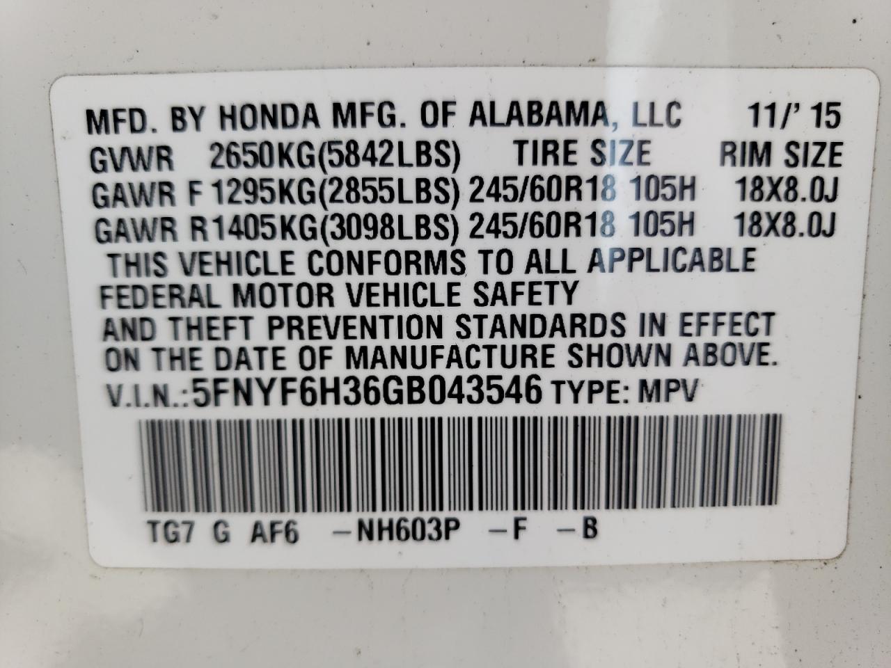 5FNYF6H36GB043546 2016 Honda Pilot Ex