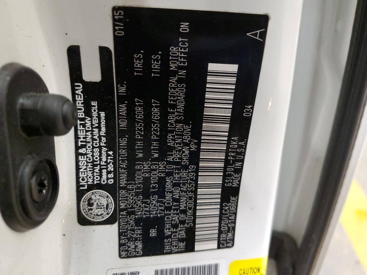 5TDYK3DC3FS573919 2015 Toyota Sienna Xle