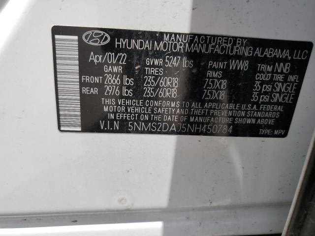 2022 Hyundai Santa Fe Sel VIN: 5NMS2DAJ5NH450784 Lot: 55066654