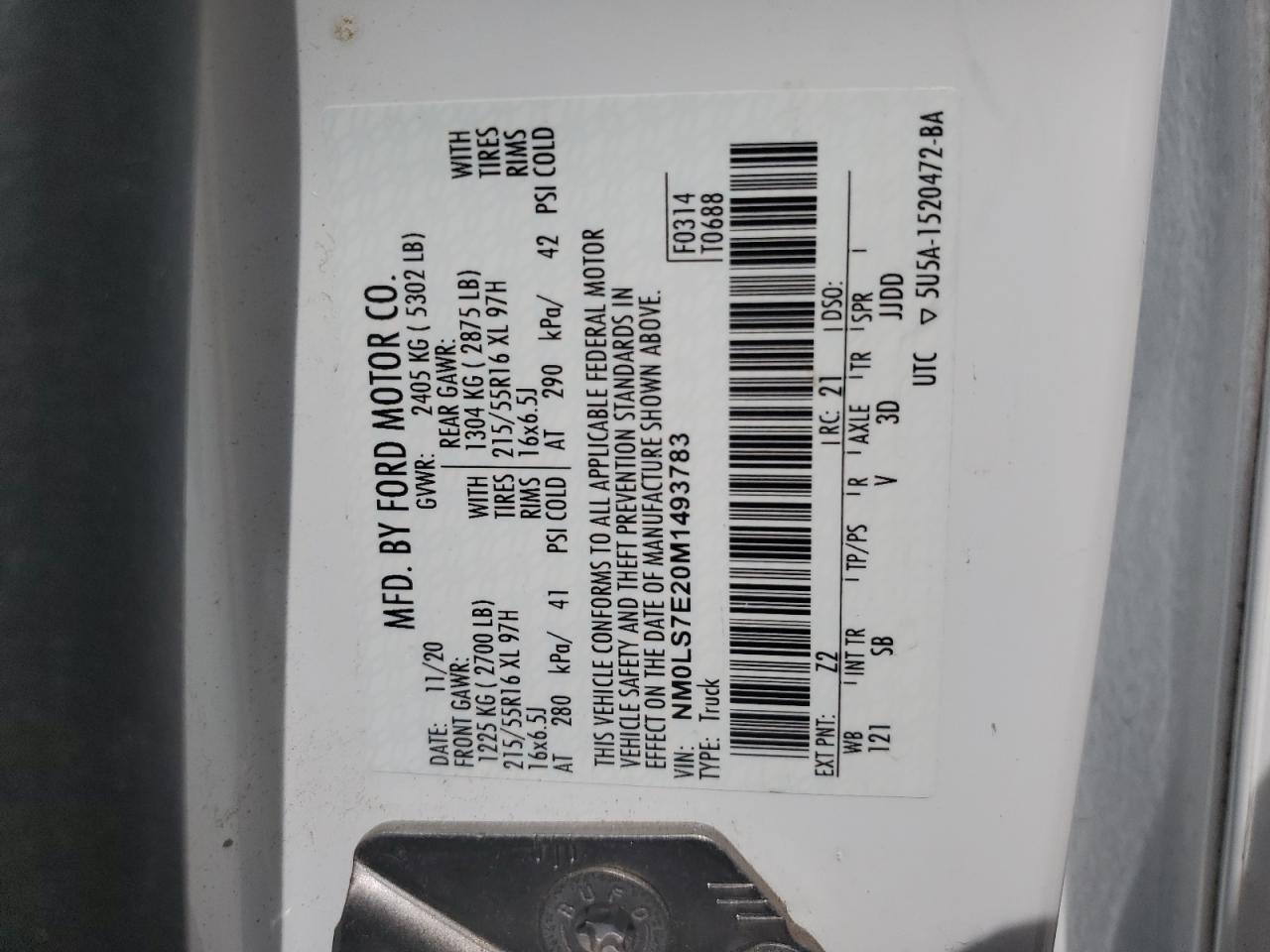 NM0LS7E20M1493783 2021 Ford Transit Connect Xl