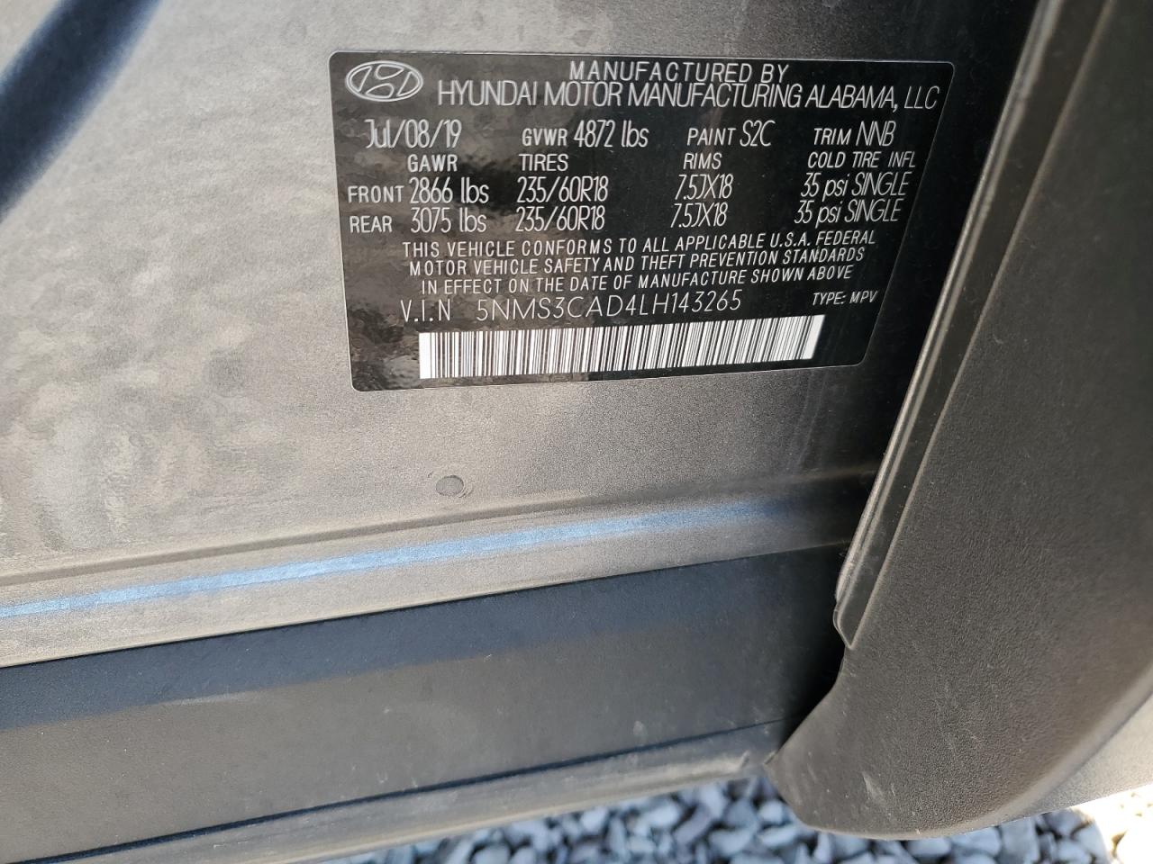 5NMS3CAD4LH143265 2020 Hyundai Santa Fe Sel