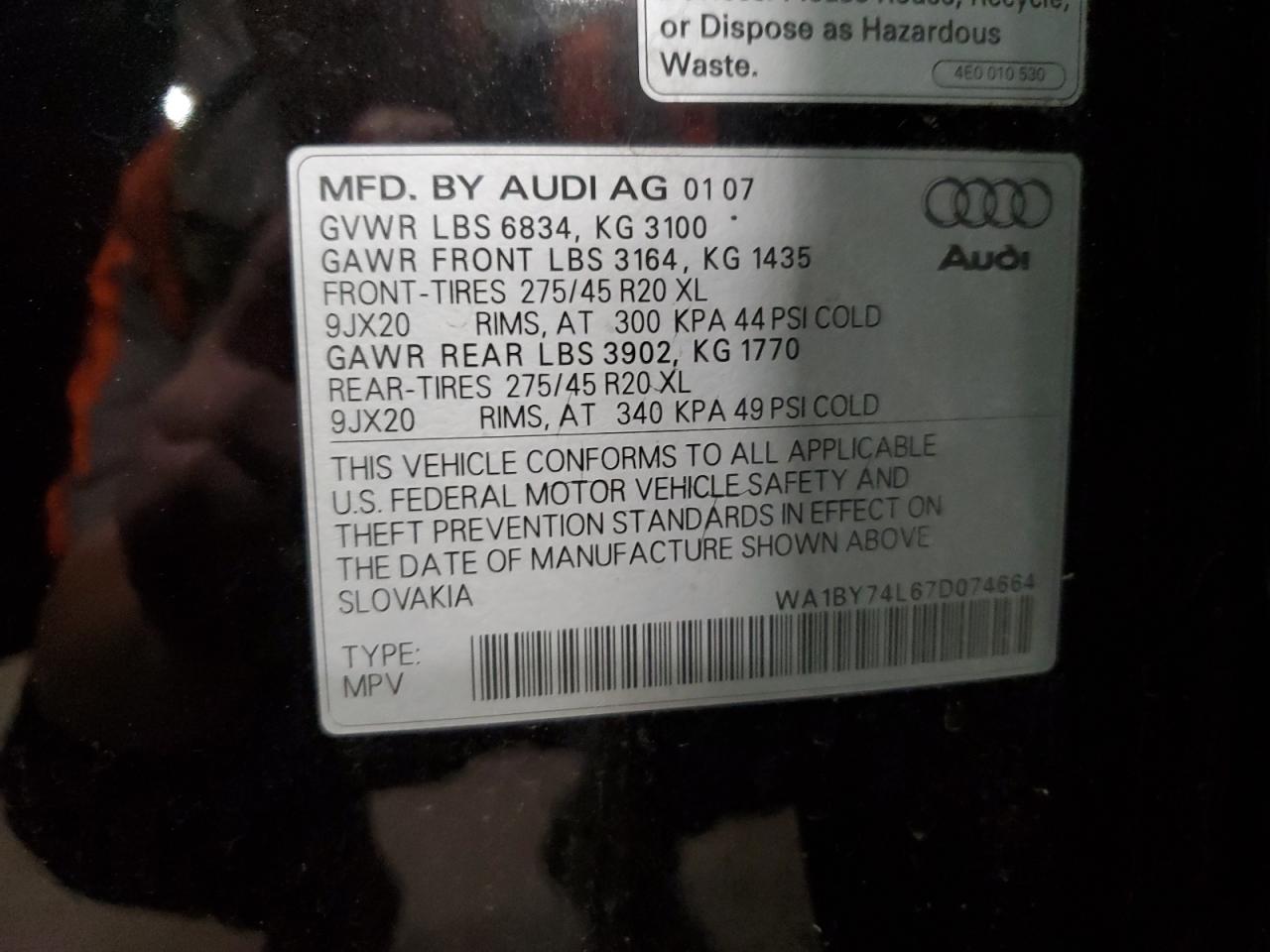 WA1BY74L67D074664 2007 Audi Q7 3.6 Quattro Premium