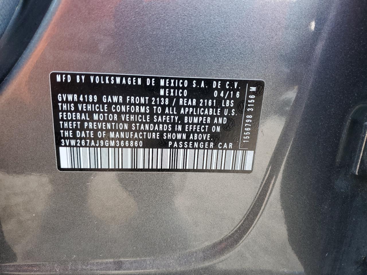 3VW267AJ9GM366860 2016 Volkswagen Jetta S