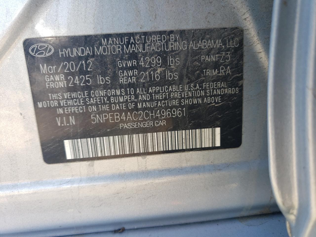 5NPEB4AC2CH496961 2012 Hyundai Sonata Gls