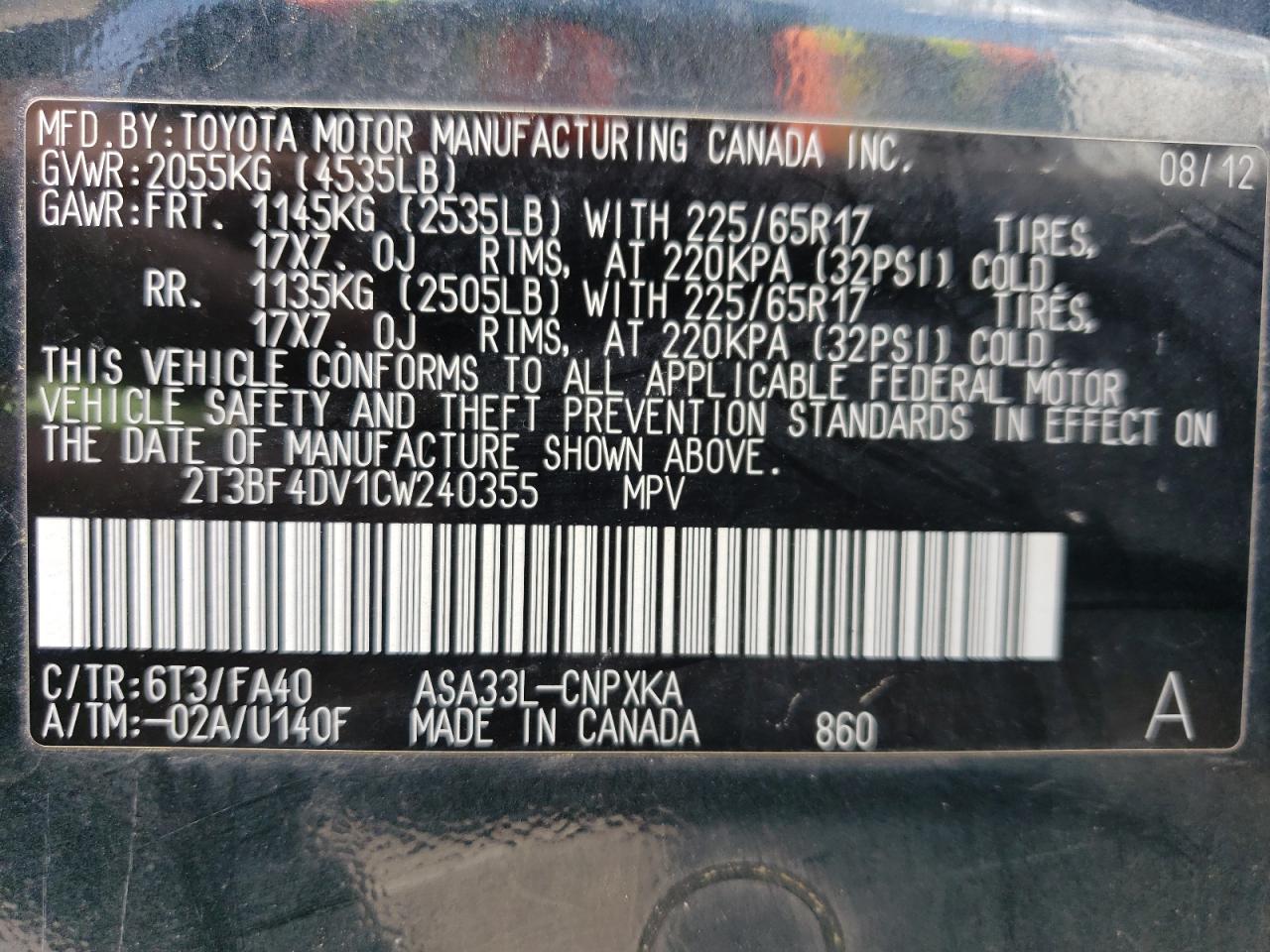 2T3BF4DV1CW240355 2012 Toyota Rav4