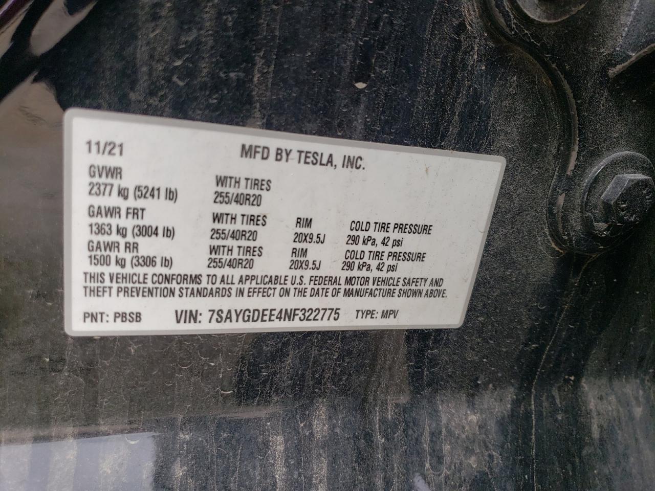 7SAYGDEE4NF322775 2022 Tesla Model Y