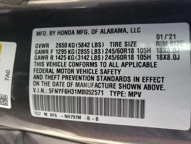 2021 Honda Pilot Ex VIN: 5FNYF6H31MB052571 Lot: 56499224