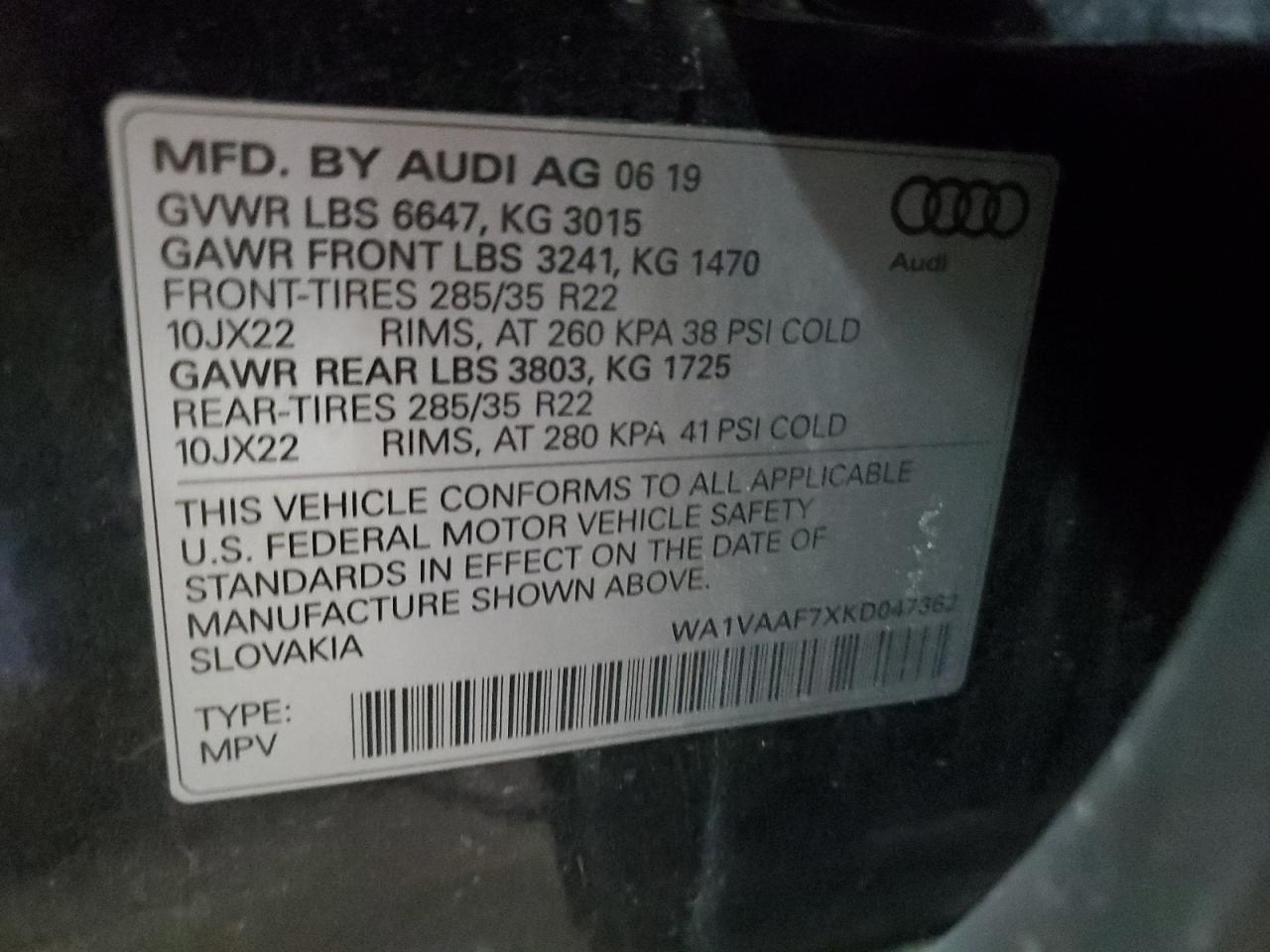 WA1VAAF7XKD047362 2019 Audi Q7 Prestige