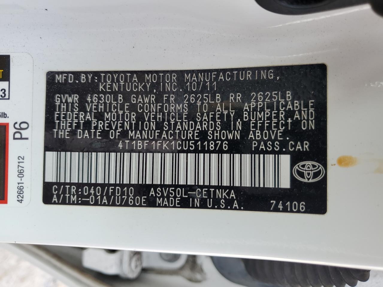 4T1BF1FK1CU511876 2012 Toyota Camry Base