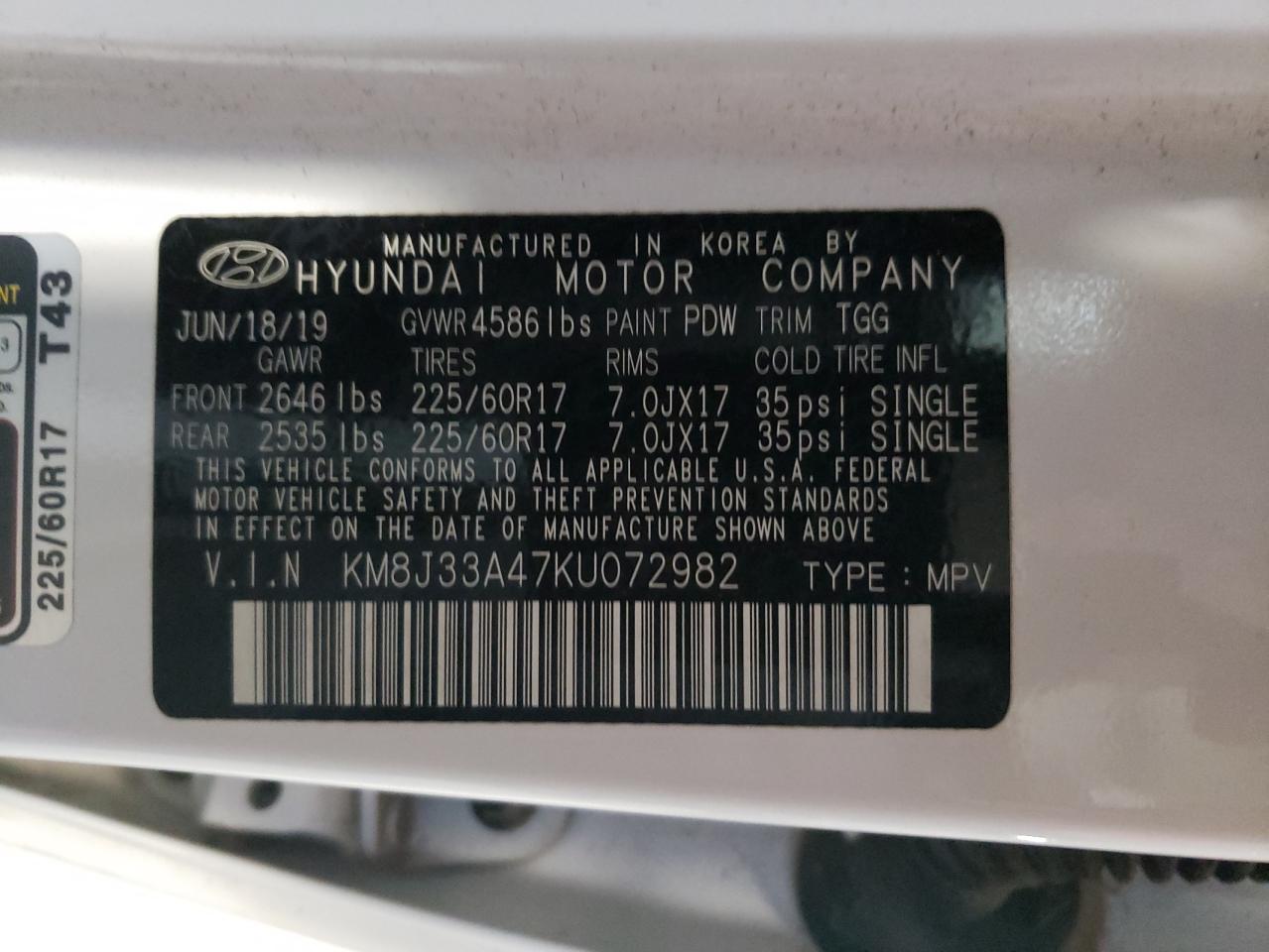 KM8J33A47KU072982 2019 Hyundai Tucson Limited