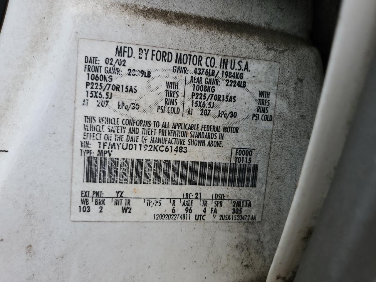 1FMYU01192KC61483 2002 Ford Escape Xls