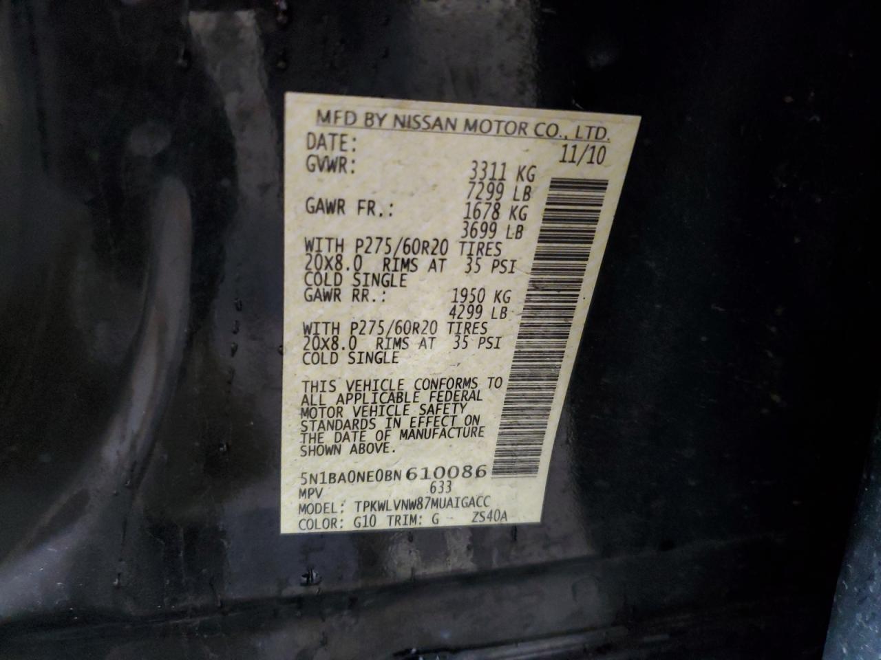 5N1BA0NE0BN610086 2011 Nissan Armada Platinum